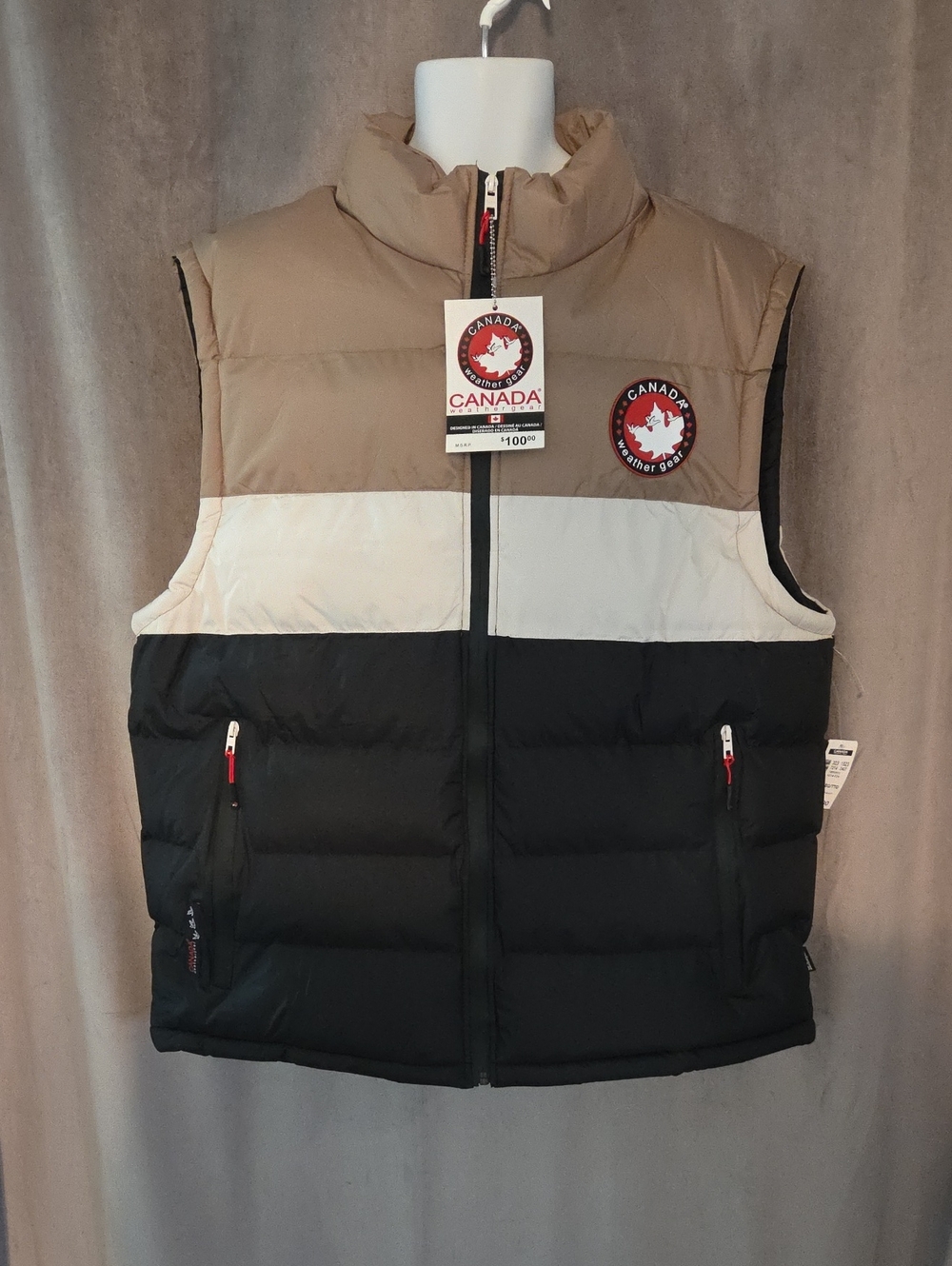 NWT Canada Weather Gear Men's XXL Colorblock Puffer Vest in Tan, White & Black